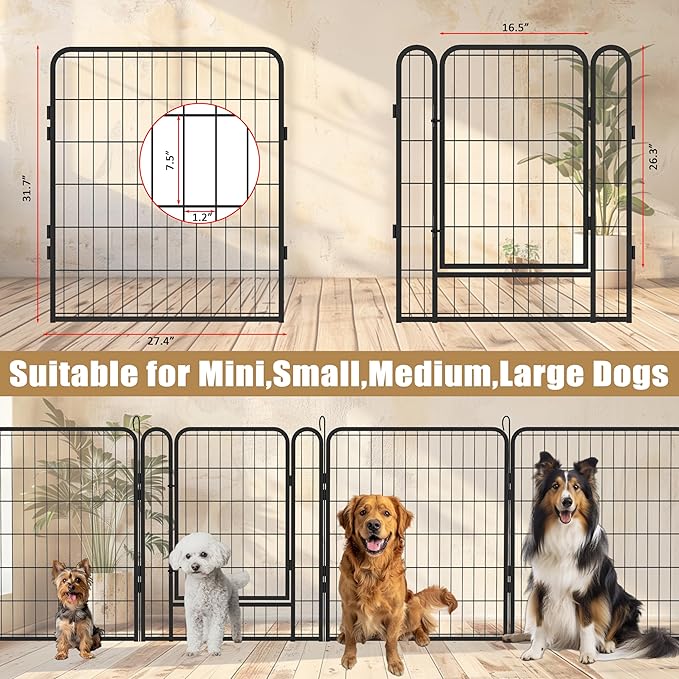 Metal Dog Playpen Outdoor, 32" Height 6 Panels Pet Kennel Crate for Puppy/Small/Medium Dogs, Heavy Duty Metal Playpen with Door, Indoor Portable Dog Fence Pet Exercise Pen for Yard RV Camping