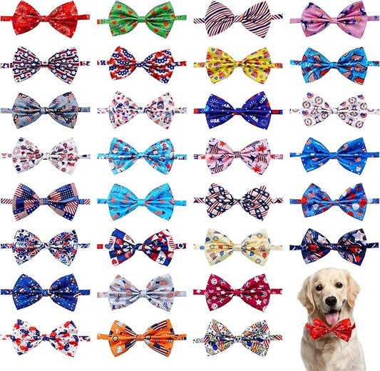 30 PCS 4th of July Dog Bow Ties Bulk for Small Medium Large Dogs Patriotic Dogs Bowties with Adjustable Ties Independence Day Bow Ties Party Grooming L