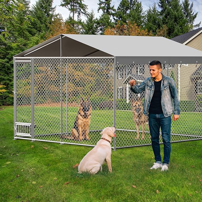 Dog Kennel Outdoor with Waterproof Canopy, Large Dog House with Feeding Doors, Large Dog Kennel Outdoor for Garden Backyard Courtyard（10×10×7FT）