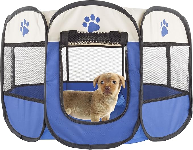 Pop-Up Pet Playpen - 26-Inch Indoor and Outdoor Dog Kennel with Carrying Bag - Portable Pet Enclosure for Dogs and Small Animals by PETMAKER (Blue)
