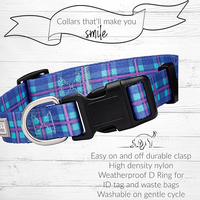 Lucky Love Dog, Blue and Violet Plaid Dog Collar, Adjustable & Comfy Collar for Boy and Girl Dog, Easy On & Off Clasp Accessory - (Large, Scotty Collar)