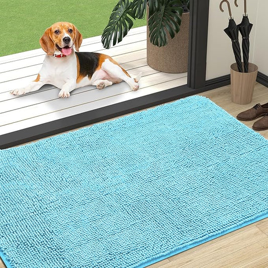 OLANLY Dog Door Mat for Muddy Paws 47x32, Absorbs Moisture and Dirt, Absorbent Non-Slip Washable Mat, Quick Dry Chenille, Mud Mat for Dogs, Entry Indoor Door Mat for Inside Floor, Blue