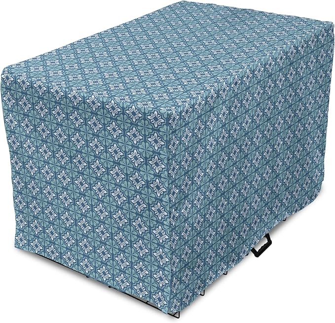 Lunarable Talavera Dog Crate Cover, Folkloric Tile Inspired Pattern of Moroccan Culture Print, Easy to Use Pet Kennel Cover for Medium Large Dogs, 48 Inch, Sea Blue Pale Teal