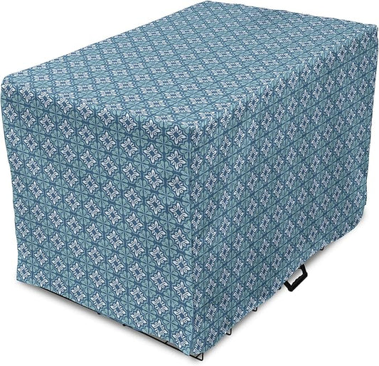 Lunarable Talavera Dog Crate Cover, Folkloric Tile Inspired Pattern of Moroccan Culture Print, Easy to Use Pet Kennel Cover for Medium Large Dogs, 48 Inch, Sea Blue Pale Teal
