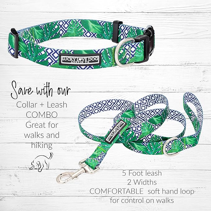 Lucky Love Dog Collar and Leash Set, Beautiful & Vivid Patterns, Easy On & Off Clasp Accessory (Blue Laguna, XS Combo)