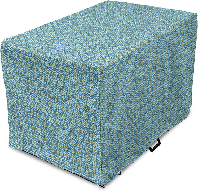 Lunarable Yellow and Blue Dog Crate Cover, Hand Drawn Abstract Ornament Rhombus Shapes Mosaic Vintage, Easy to Use Pet Kennel Cover for Medium Large Dogs, 48 Inch, Blue Aqua Yellow