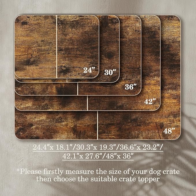 Dog Crate Topper Wood for 24 30 36 42 48 inch Cages, Dog Crate Table Topper Foldable Dog Kennel Topper with Tassel Curtain, Rustic Style Top Rustic Brown(Crate Not Include)