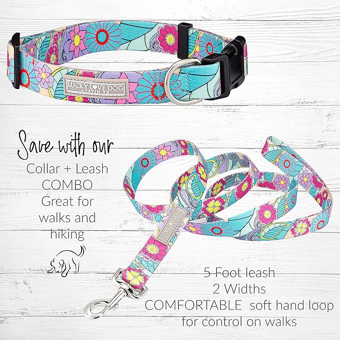 Lucky Love Dog Collar and Leash Combo, Cute Collar and Leash Set for Small Female Dogs, Part of Purchase Donated to Rescue (Small, Caroline, Combo)