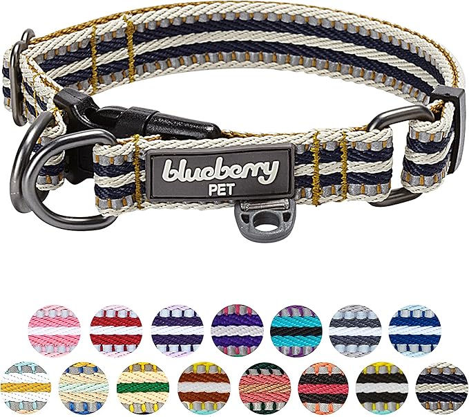 Blueberry Pet 3M Reflective Dog Collars | Adjustable Dog Collar w/Multi-Colored Stripe - Olive and Blue-Gray | Nylon Pet Collars for Dogs & Refflective Dog Collar for Medium Dogs
