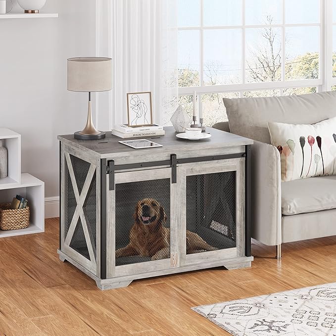 GAOMON Dog Crate Furniture with Slidings Doors，Wooden Dog Kennel End Table with Flip-top Plate for Dogs，Indoor Dog Crate Furniture with Detachable Divider for Medium Dogs, Dog House,Grey