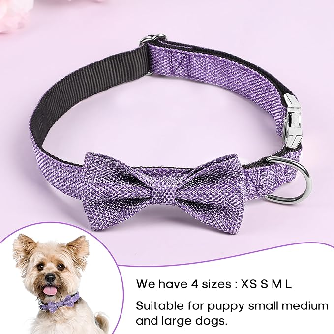 Dog Collar with Bow for Small Medium Large Dogs, Cute Bling Dog Bow Tie Collar with Metal Buckle, Soft & Durable for Large Dogs Walking (Purple, L)