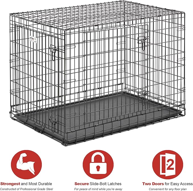 MidWest Homes for Pets Ultima Pro Series 42' Dog Crate | Extra-Strong Double Door Folding Metal Dog Crate w/Divider Panel, Floor Protecting 'Roller Feet' & Leak-Proof Plastic Pan