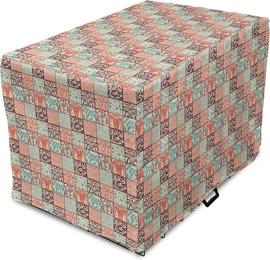 Lunarable Geometric Dog Crate Cover, Western Style Floral Motifs with Vintage Look in Checks, Easy to Use Pet Kennel Cover for Small Dogs Puppies Kittens, 22 Inch, Brown Vermilion