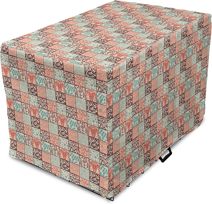 Lunarable Geometric Dog Crate Cover, Western Style Floral Motifs with Vintage Look in Checks, Easy to Use Pet Kennel Cover for Medium Large Dogs, 48 Inch, Brown Vermilion