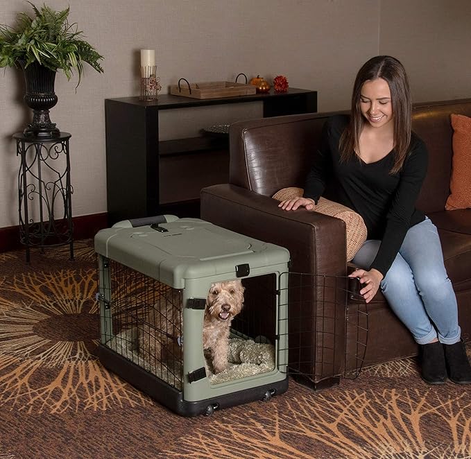 Pet Gear “The Other Door” 4 Door Steel Crate for Dogs/Cats with Garage-Style Door, Includes Plush Bed + Travel Bag, No Tools Required, Willow