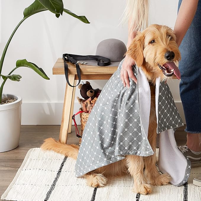 Bone Dry Pet Grooming Towel Collection Absorbent Microfiber X-Large, 41x23.5", Trellis Gray