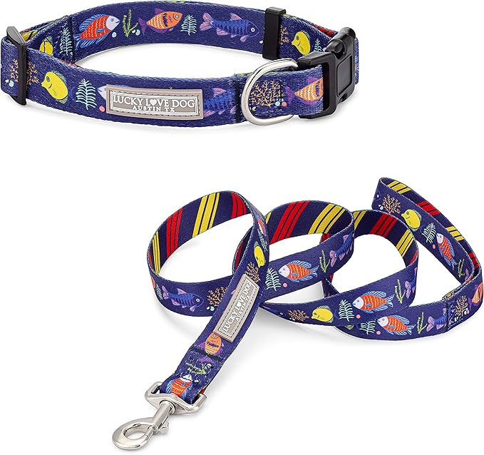Lucky Love Dog Combo Set, Tropical Fish Dog Leash and Collar Set, Blue Color Matching Dog Collar & Leash, Part of Purchase Donated to Rescue (Small, Mackey, Combo)