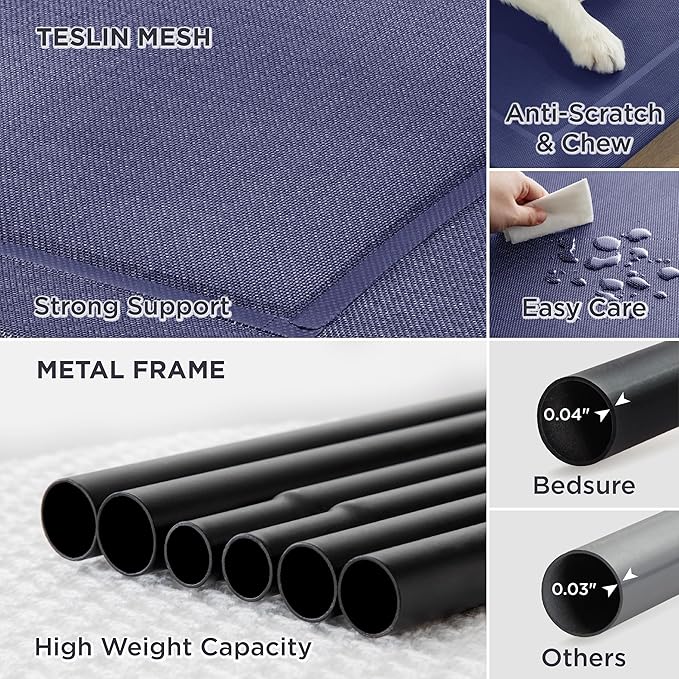 Bedsure Elevated Raised Cooling Cots Bed for Large Dogs, Portable Indoor & Outdoor Pet Hammock with Skid-Resistant Feet, Frame with Breathable Mesh, Deep Sea Blue, 49 inches