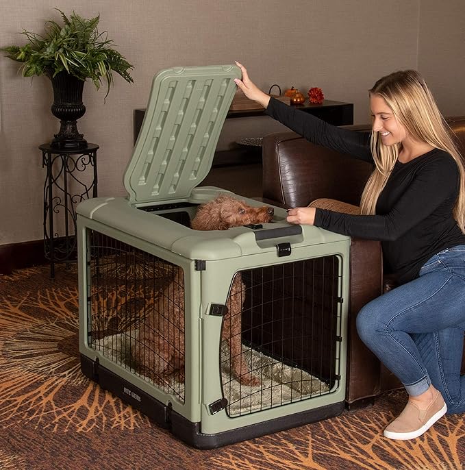 Pet Gear “The Other Door” 4 Door Steel Crate for Dogs/Cats with Garage-Style Door, Includes Plush Bed + Travel Bag, No Tools Required, Willow