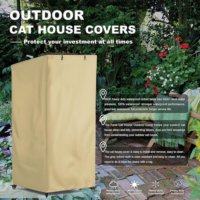 Outdoor Cat House Cover, Extremely Waterproof Feral Cattery Cat Cover, Cat Enclosure Cover, Large Cat Cage Condo/Cat House Cover - 32" L x 32" W x 71" H，Khaki (Cover only)