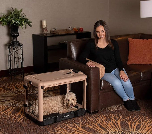 Pet Gear “The Other Door” 4 Door Steel Crate for Dogs/Cats with Garage-Style Door, Includes Plush Bed + Travel Bag, No Tools Required, Beige