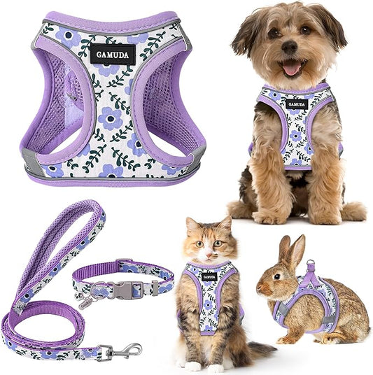 GAMUDA Small Dog Harness Collar and Leash Set, Step in No Chock No Pull Soft Mesh Adjustable Dog Vest Harnesses Plaid Reflective for Dogs Puppy Cats Kitten Rabbit (Purple Flower, XXS)