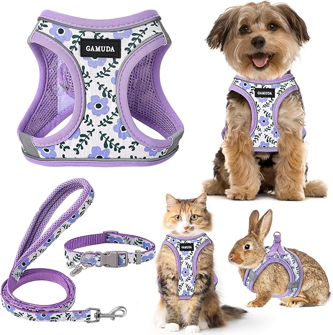 GAMUDA Small Dog Harness Collar and Leash Set, Step in No Chock No Pull Soft Mesh Adjustable Dog Vest Harnesses Plaid Reflective for Dogs Puppy Cats Kitten Rabbit (Purple Flower, XS)