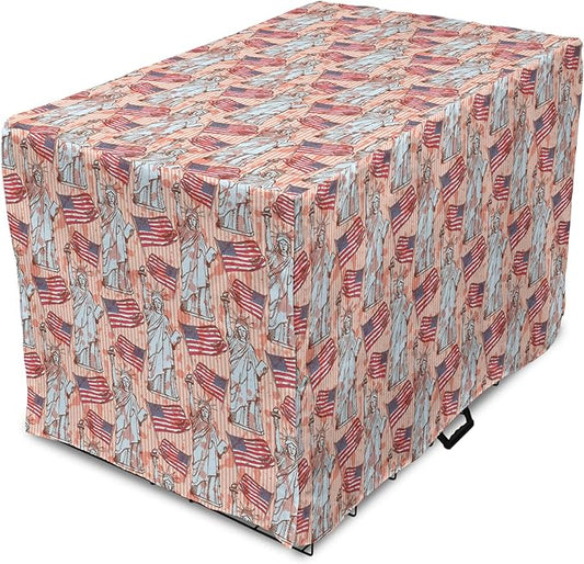 Ambesonne USA Dog Crate Cover, United States America Liberty Rhythmic Print, Easy to Use Pet Kennel Cover for Cats & Medium Dogs, 24 Inch, Coral Multicolor