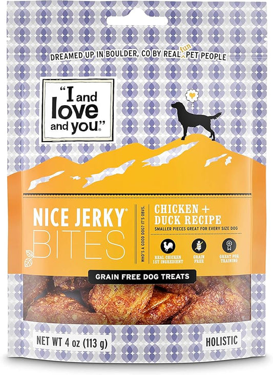 I and love and you Nice Jerky Bites - Chicken + Duck - Grain Free, Real Beef, Training Treat, Chewy Dog Treats, Filler Free, 4oz