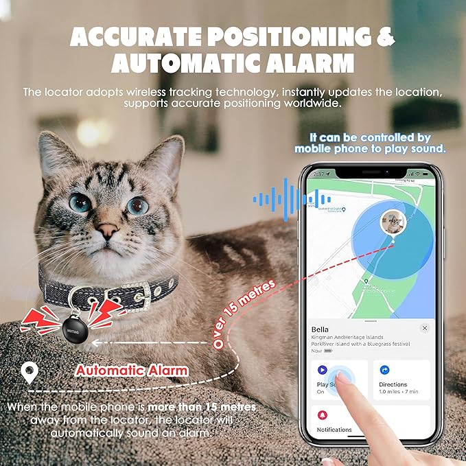Cat Tracker GPS Collar No Monthly Fee, Real-Time Mini Pet Tracker for Small Medium Large Kittens, Reflective Waterproof Cat Tracking Collar with Bell, Indoor & Outdoor (Only for iOS)