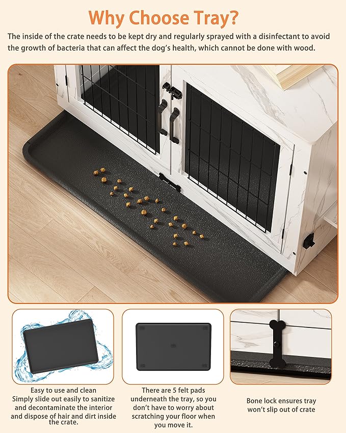 Piskyet Wooden Dog Crate Furniture with 360°Rotatable Removable Dog Bowls, Dog Crate End Table with Tray, Double Doors Dog Kennels for Dogs(XL:43.2" L*28.6" W*30.3" H, Marble White)