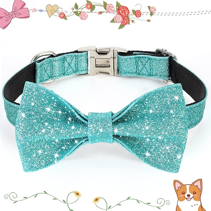 Bling Dog Bow Tie Collar for Puppy Small Medium Dogs, Cute Teal Boy Dog Collar with Bow for Daily Walking or Christmas Holiday (Neck fit 11-16’’)
