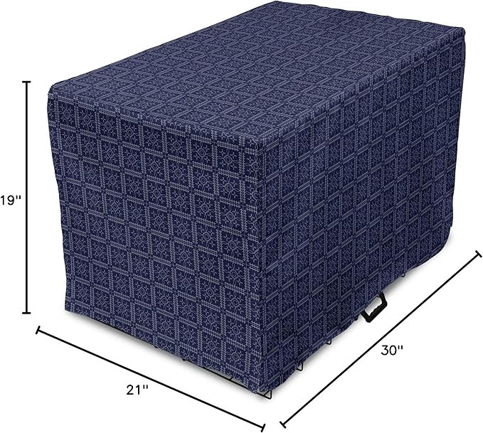 Ambesonne Abstract Geometry Dog Crate Cover, Style Motifs in Squares Rhythmic Arrangement, Easy to Use Pet Kennel Cover for Cats & Medium Dogs, 30 Inch, Blue White
