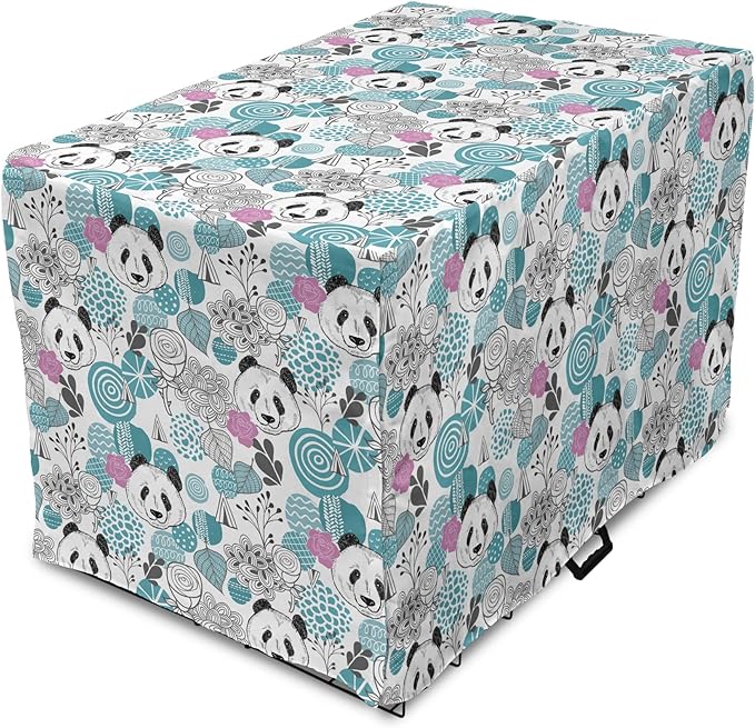 Lunarable Panda Dog Crate Cover, Portraits of Chinese Bears on Sketch Flowers and Abstract Circular Shapes, Easy to Use Pet Kennel Cover for Small Dogs Puppies Kittens, 18 Inch, Slate Blue Pink Grey