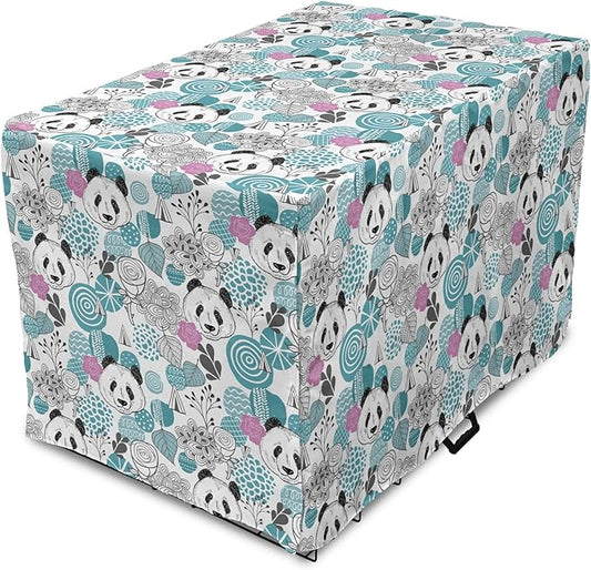 Lunarable Panda Dog Crate Cover, Portraits of Chinese Bears on Sketch Flowers and Abstract Circular Shapes, Easy to Use Pet Kennel Cover for Cats & Medium Dogs, 24 Inch, Slate Blue Pink Grey