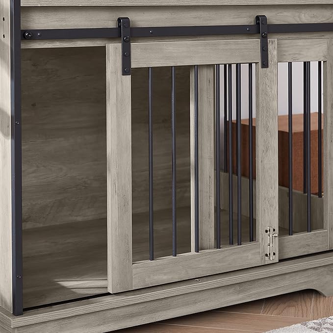 Dog Crate Furniture, Dog House Indoor with Sliding Barn Door, 35" Wood Dog Crate Heavy Duty Dog Kennels Decorative Dog Crate for Small/Medium/Large Dog Grey