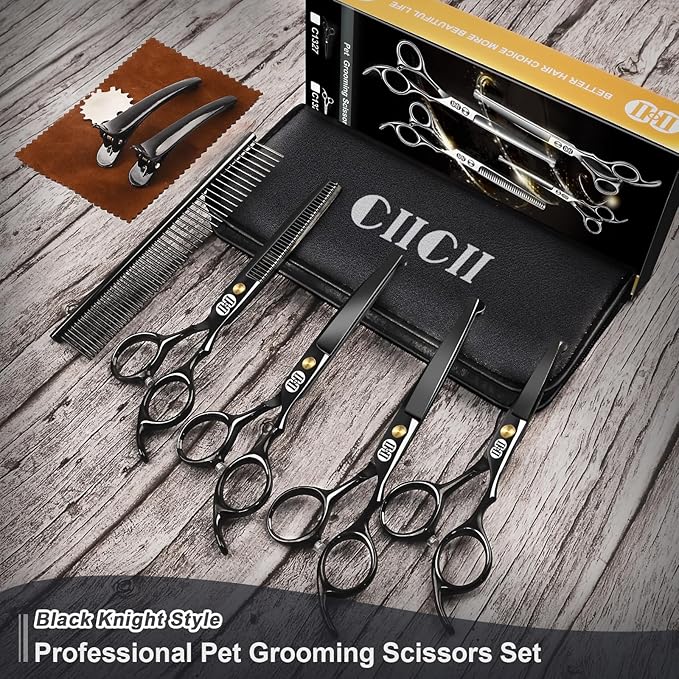 CIICII Dog Grooming Scissors Kit, 10-In-1 Professional Pet Grooming Scissors Set with Safety Round Tip (Dogs/Cat Hair Cutting Trimming Thinning Shears with Curved Scissors) for DIY Home Salon (Black)