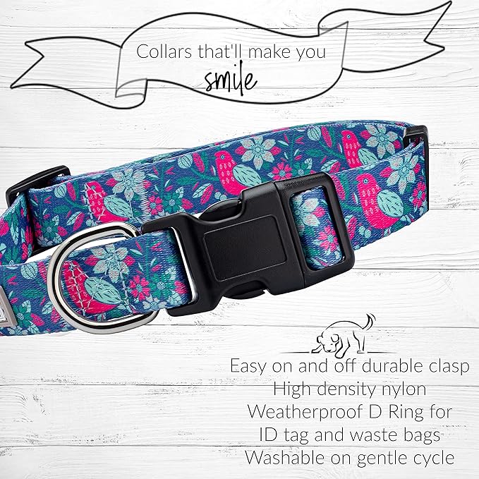 Lucky Love Dog, Whimsical Bird Dog Collar, Vivid Pink, Mint, Blue Flowers Large Dog Collar, Adjustable Collars for Female Male Dogs - (L, Carriebelle Collar)