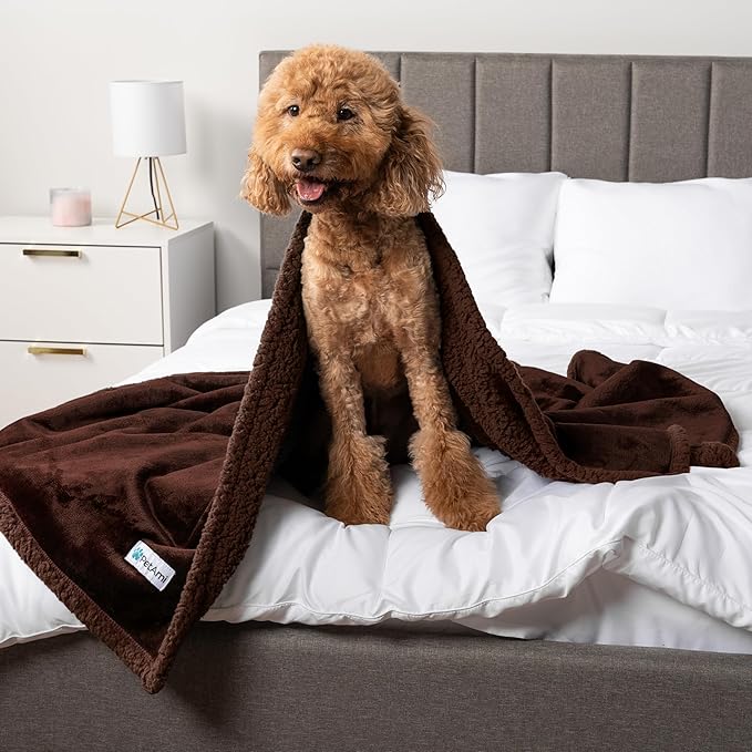 PetAmi WATERPROOF Dog Blanket for Bed, XL Dog Pet Blanket Couch Cover Protector, Sherpa Fleece Leakproof Blanket for Crate Kennel Sofa Furniture Queen Bed Protection Reversible Soft 90x90 Brown Brown