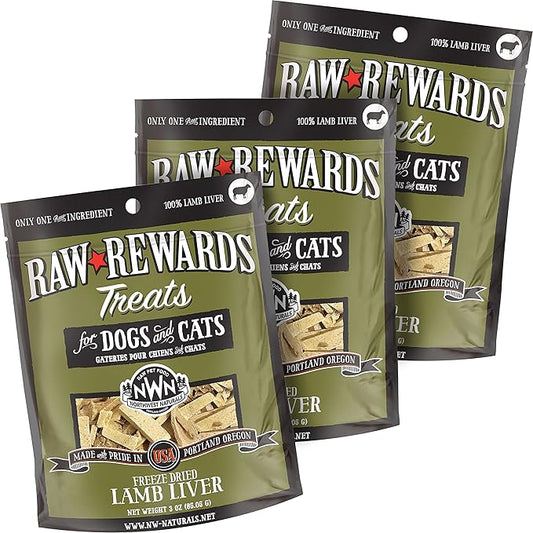 Northwest Naturals Raw Rewards Freeze-Dried Lamb Liver Treats for Dogs and Cats - Bite-Sized Pieces - Healthy, 1 Ingredient, Human Grade Pet Food, All Natural - 3 Oz (Pack of 3)