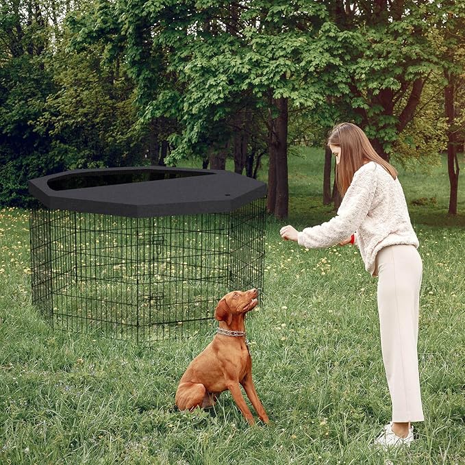 Pet Playpen Dog Fence Foldable Metal Dog Pen Wire Exercise Puppy Play Yard Pet Enclosure Indoor Outdoor 8 Panels 36 Inch with Bottom Pad/Top Cover(Black 36 top Cover)