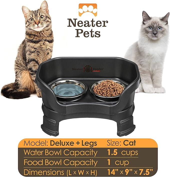 Neater Feeder Deluxe Mess Proof Cat Bowls Elevated for All Breeds – Made in USA – No Spill Raised Cat Bowls for Indoor Cats w/Leg Extensions – Stainless Steel Cat Food and Water Bowl Set - Black