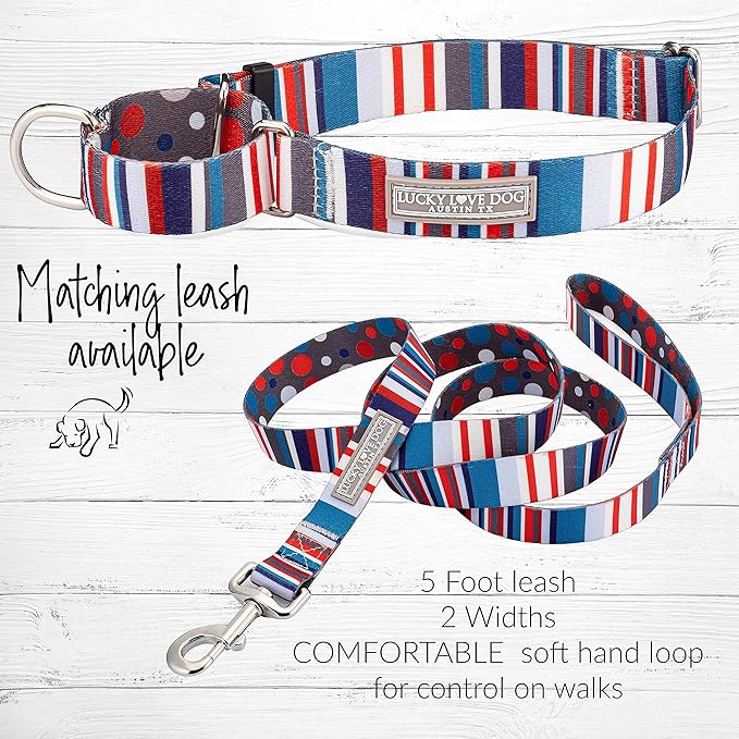 Lucky Love Dog, Nautical Martingale Dog Collar, Premium No Slip Collar, Polka Dot Striped Martingale Collar, for Dogs - (Medium, Linus Mart)