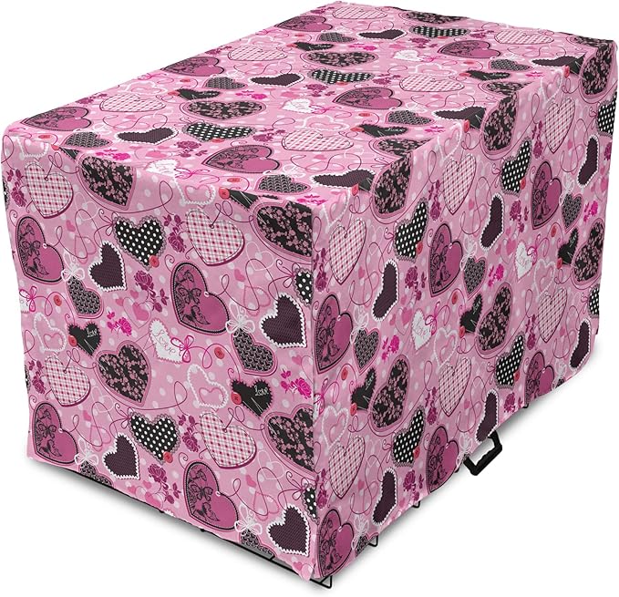 Lunarable Hearts Dog Crate Cover, Sewing Themed Love with Polka Dots Valentine's Day Inspired Image, Easy to Use Pet Kennel Cover for Medium Large Dogs, 36 Inch, Pink Black White