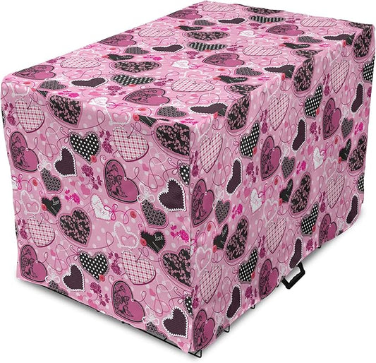 Lunarable Hearts Dog Crate Cover, Sewing Themed Love with Polka Dots Valentine's Day Inspired Image, Easy to Use Pet Kennel Cover for Cats & Medium Dogs, 30 Inch, Pink Black White