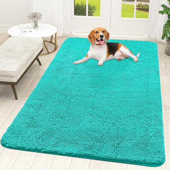 OLANLY Dog Door Mat for Muddy Paws 59x35, Absorbs Moisture and Dirt, Absorbent Non-Slip Washable Mat, Quick Dry Chenille, Mud Mat for Dogs, Entry Indoor Door Mat for Inside Floor, Teal