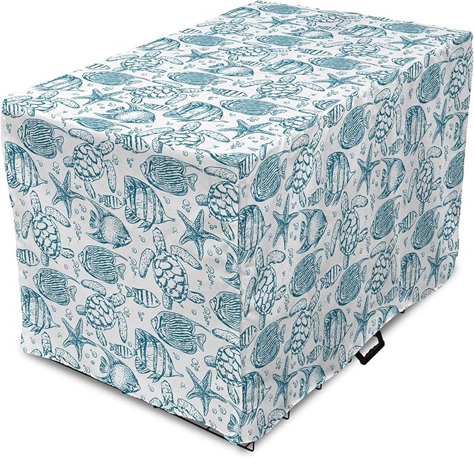 Lunarable Under The Sea Dog Crate Cover, Hand Drawn Sketch Art Style Fauna of The Sea Turtle Starfish and Fishes, Easy to Use Pet Kennel Cover for Cats & Medium Dogs, 30 Inch, Blue White