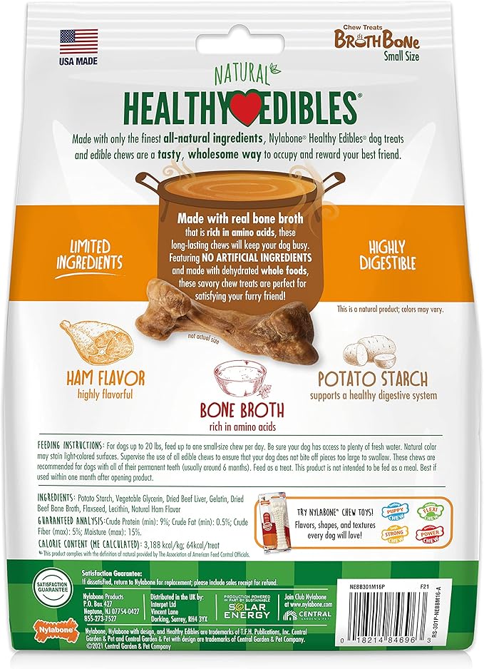 Nylabone Healthy Edibles Broth Bone Natural Dog Chews Long Lasting Treats Ham Flavor Small/Regular - Up to 25 Ibs. (16 Count)