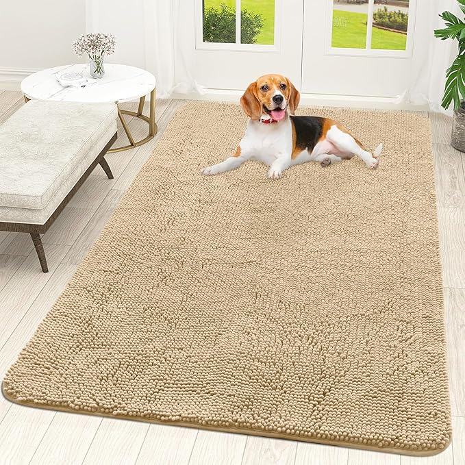 OLANLY Dog Door Mat for Muddy Paws 59x35, Absorbs Moisture and Dirt, Absorbent Non-Slip Washable Mat, Quick Dry Chenille, Mud Mat for Dogs, Entry Indoor Door Mat for Inside Floor, Beige