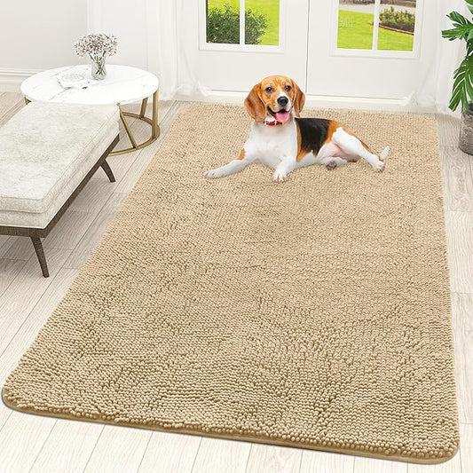 OLANLY Dog Door Mat for Muddy Paws 59x35, Absorbs Moisture and Dirt, Absorbent Non-Slip Washable Mat, Quick Dry Chenille, Mud Mat for Dogs, Entry Indoor Door Mat for Inside Floor, Beige